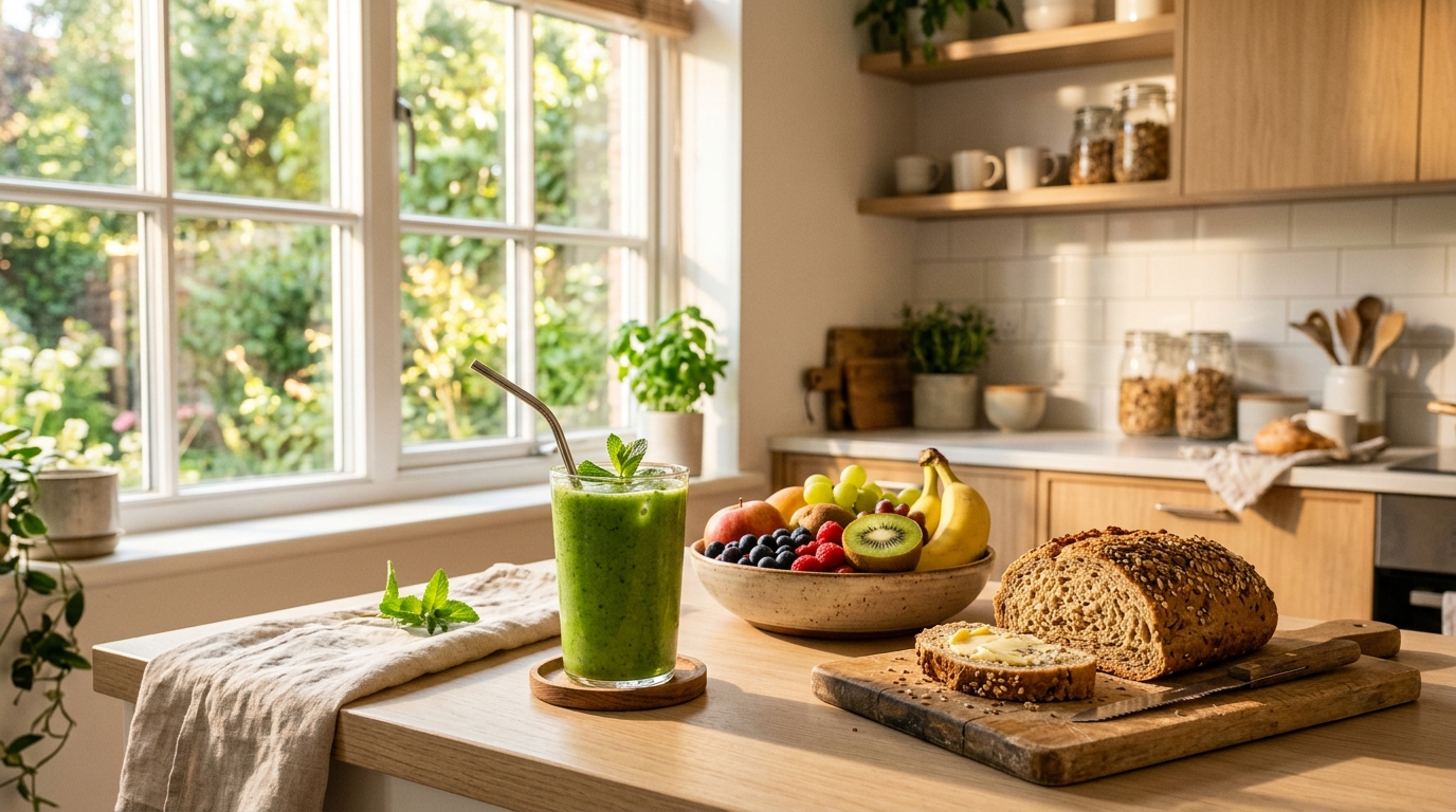 Frisches Obst und Smoothie auf einer Küchenzeile im Morgenlicht