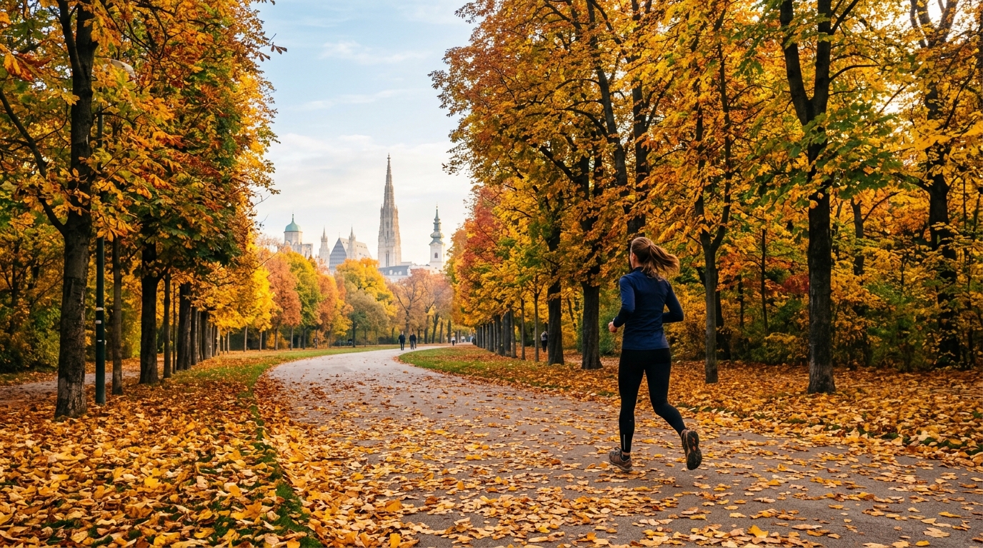 Person joggt durch einen herbstlichen Park in Wien mit goldenen Blättern