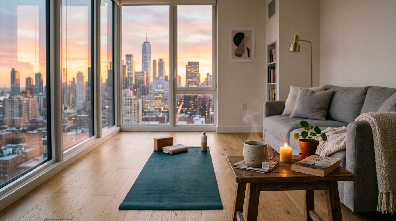 Gemütliches Wohnzimmer mit Yogamatte und Kräutertee bei Sonnenuntergang